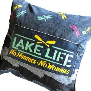 Lake House Pillow Cover 18 x 18 Lake Life Theme Cabin Decor Waves Dragonflies